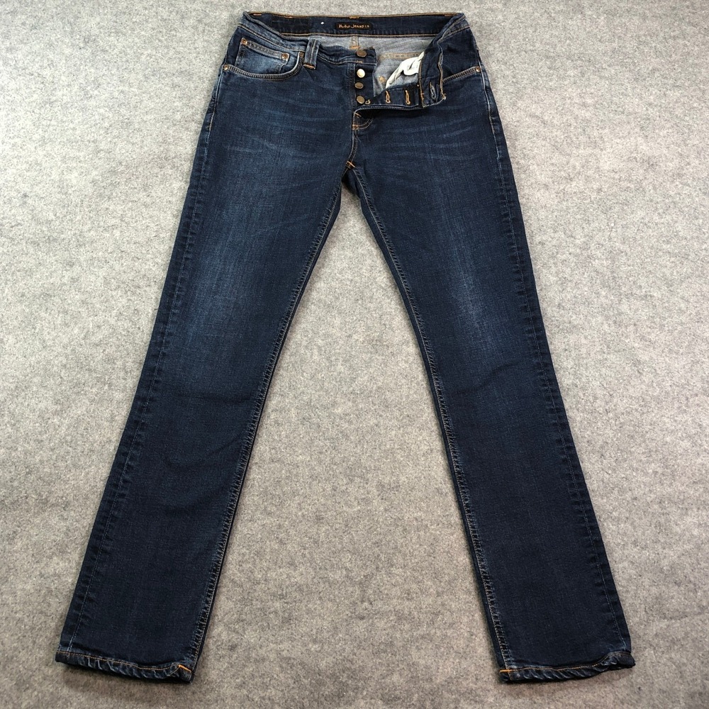 Nudie Jeans Mens 32x32 Blue Slim Straight Made in Italy Button Fly Grim Tim